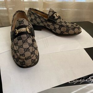 Gucci Black Grey Gray monogram Loafers mules derby moccasins slides slip ons